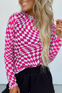 Checkered Mock Neck Long Sleeve Blouse.