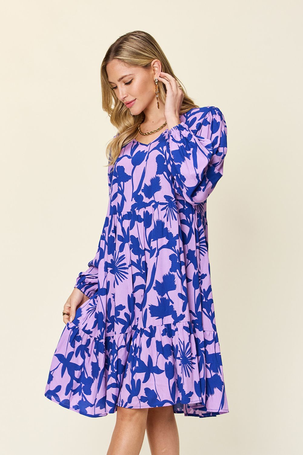 Double Take Full Size Printed Ruffle Hem Dress with Pocket.