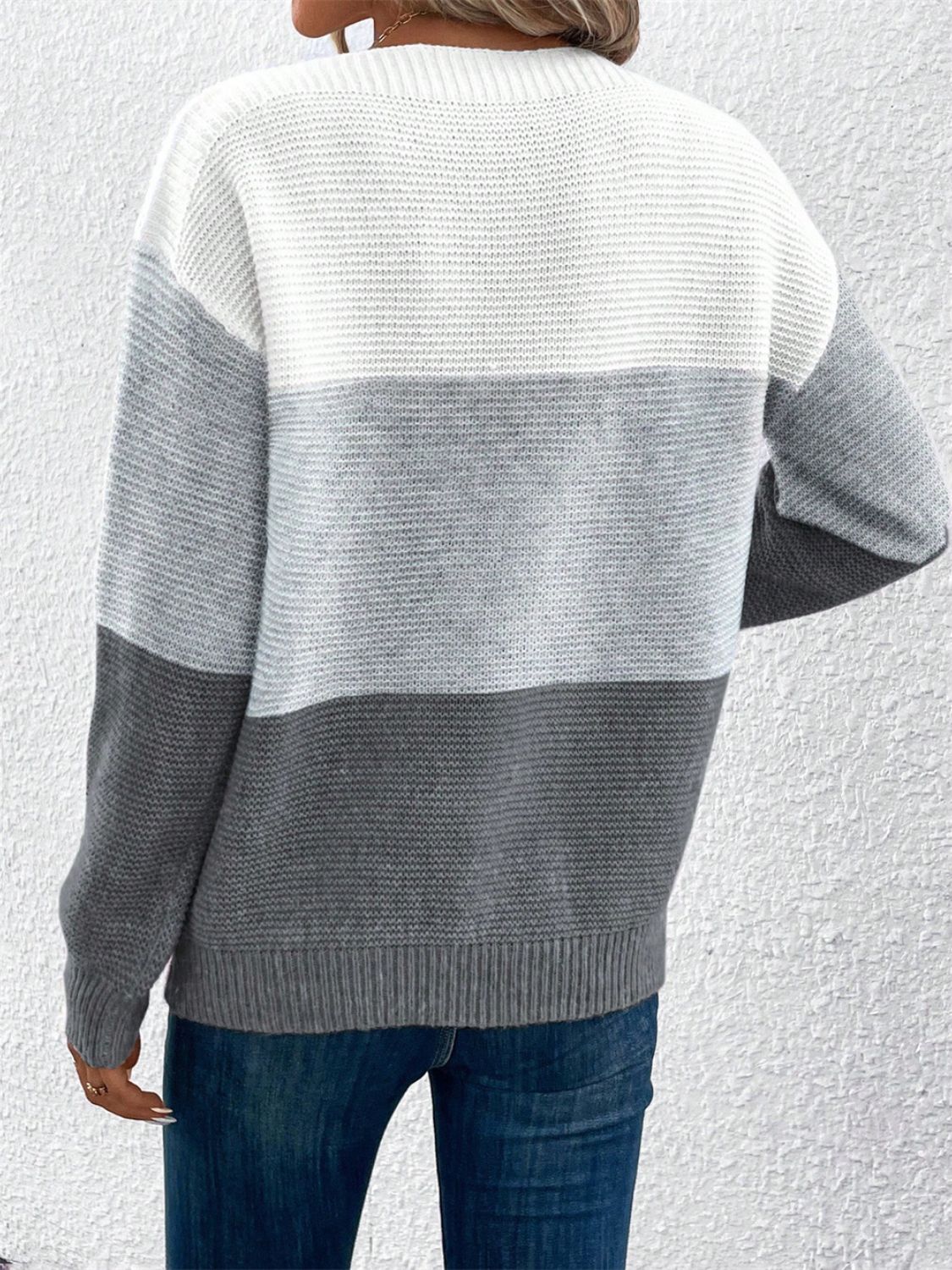 Color Block Drop Shoulder Long Sleeve Sweater.