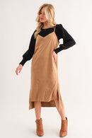 And The Why Faux Suede Cut Edge Slit Cami Midi Dress.