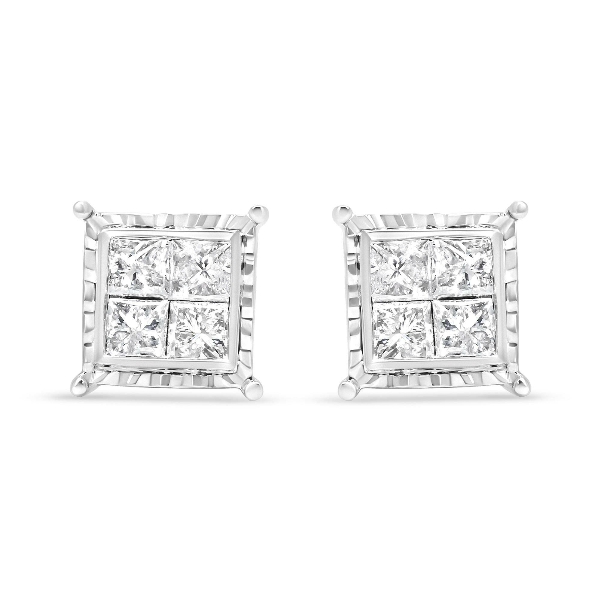 14K White Gold 1 1/2 Cttw Invisible Set Princess-Cut Diamond Contemporary Wavy Quad Stud Earrings (I-J Color, I1-I2 Clar