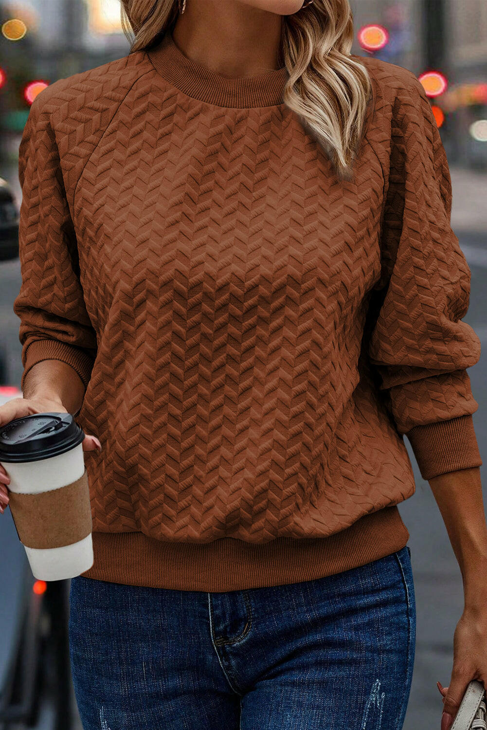 Amy Textured Raglan Sleeve Pullover Sweatshirt.