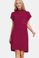 Zenana Mock Neck Short Sleeve Sweater Dress.