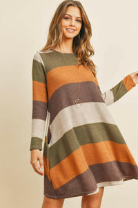 Long Sleeved Rib Stripe Pocket Dress.