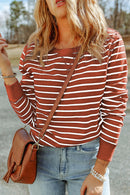 Hannah Striped Print Ribbed Trim Long Sleeve Top.