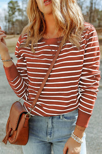 Hannah Striped Print Ribbed Trim Long Sleeve Top.