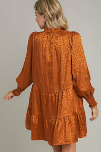 Umgee Smocked Leopard Long Sleeve Tiered Dress.