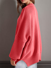 Double Take Side Slit Round Neck Long Sleeve Sweater.