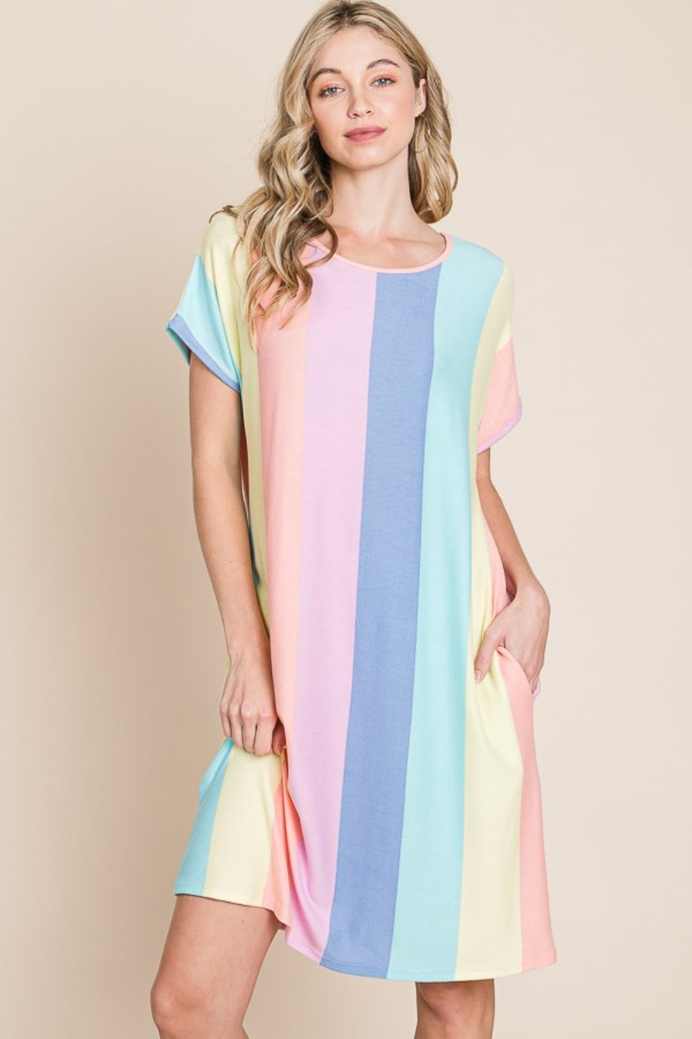 BOMBOM Striped Short Sleeve Dress with Pockets.