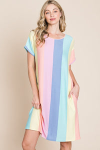 BOMBOM Striped Short Sleeve Dress with Pockets.