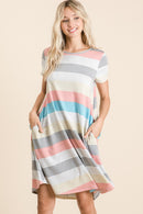 BOMBOM Striped Short Sleeve Dress with Pockets.