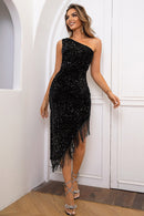 Sequin Asymmetrical Fringe Hem One-Shoulder Dress