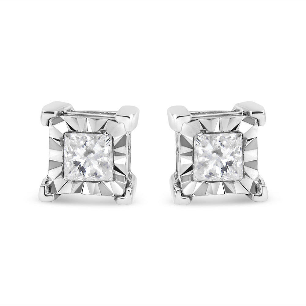 .925 Sterling Silver Miracle Set Princess-Cut Diamond Solitaire Stud Earrings (H-I Color, SI2-I1 Clarity).