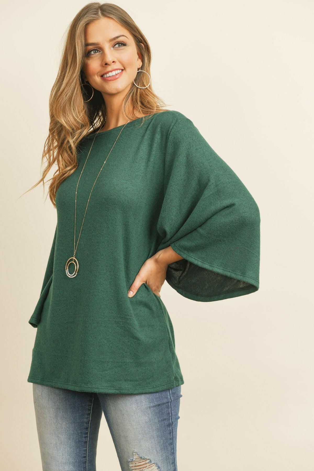 Boat Neck Bell Sleeve Solid Hacci Brushed Top.