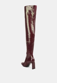 Minkles Patent Pu Long Slim Block Heeled Boots.