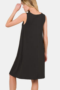 Zenana Full Size Sleeveless Flared Dress with Side Pockets.