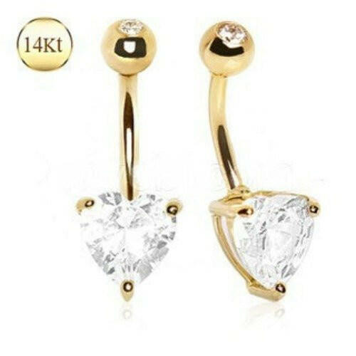 14Kt Yellow Gold Navel Ring With Large Clear Heart Prong Set CZ.