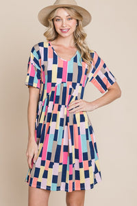 BOMBOM Ruched Color Block Short Sleeve Mini Dress.