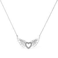 .925 Sterling Silver Pave-Set Diamond Accent Fairy Wing 18" Heart Pendant Necklace (I-J Color, I1-I2 Clarity).