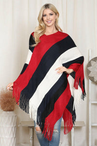 Hdf2099 - Color Block Fringe Poncho.