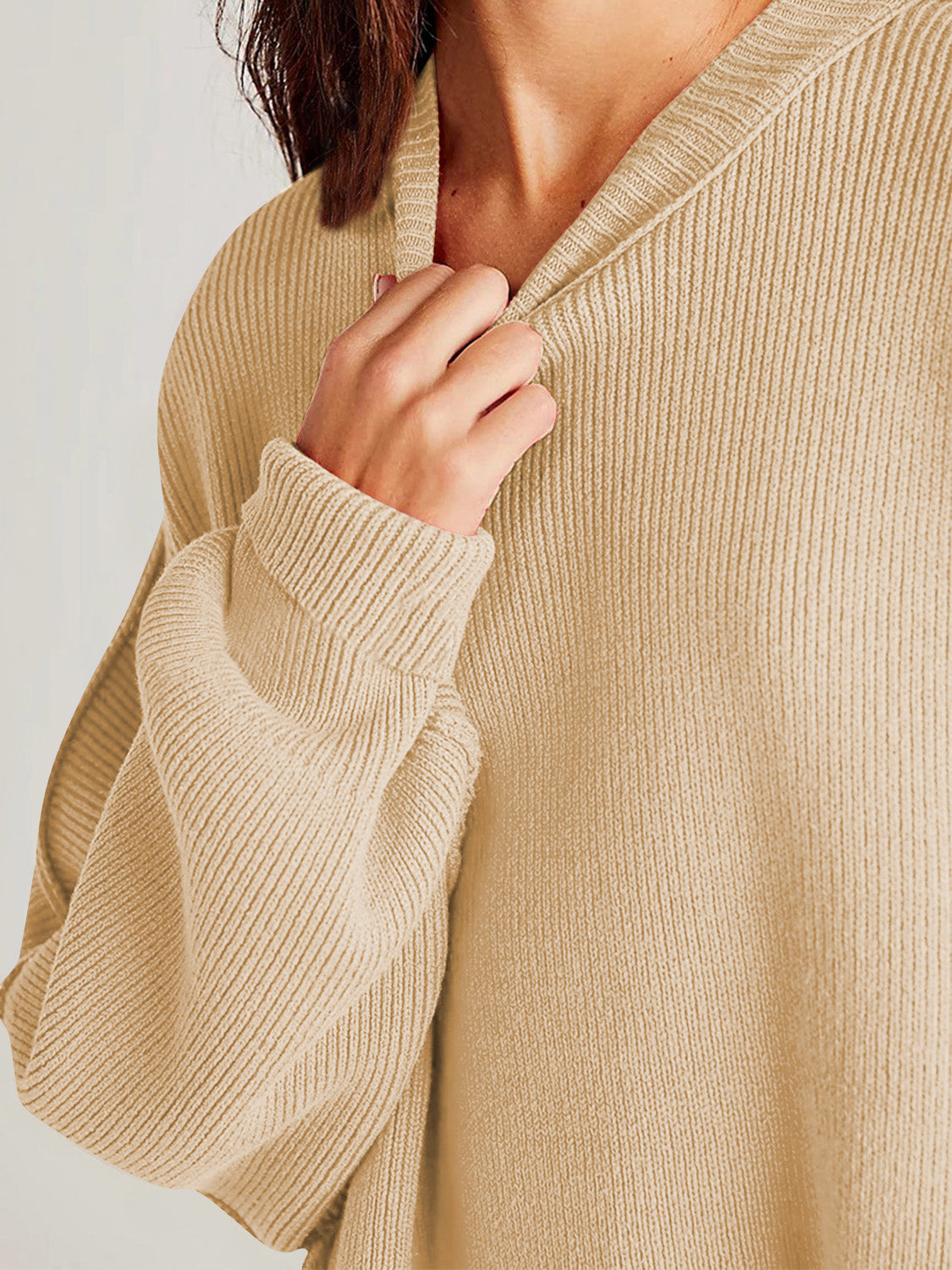 Double Take Side Slit Round Neck Long Sleeve Sweater.