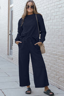 Double Take Full Size Textured Long Sleeve Top and Drawstring Pants Set.