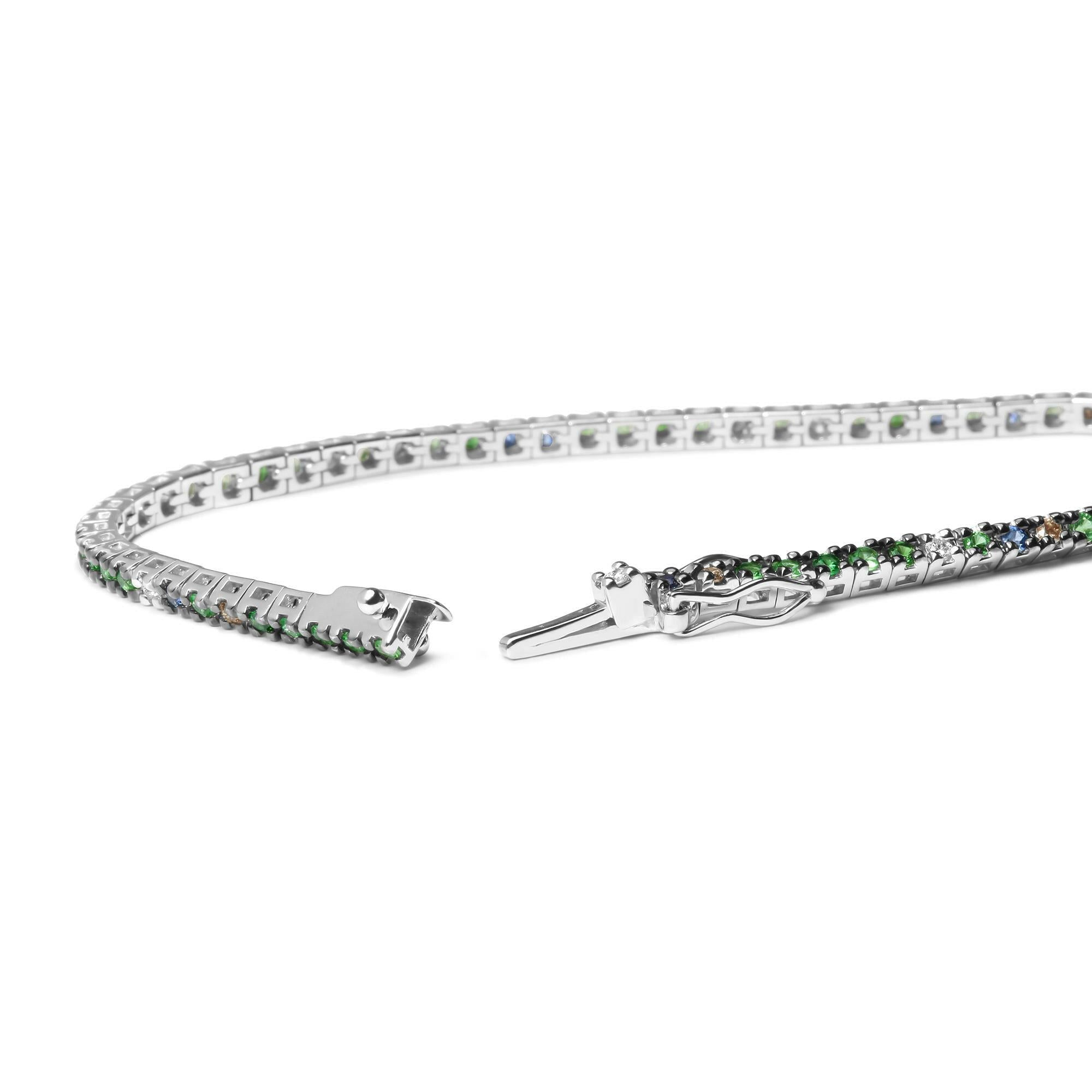 18K White Gold 3/8 Cttw Diamond With Blue Sapphire and Green Tsavorite Gemstone Multi-Colored Tennis Bracelet (Brown And