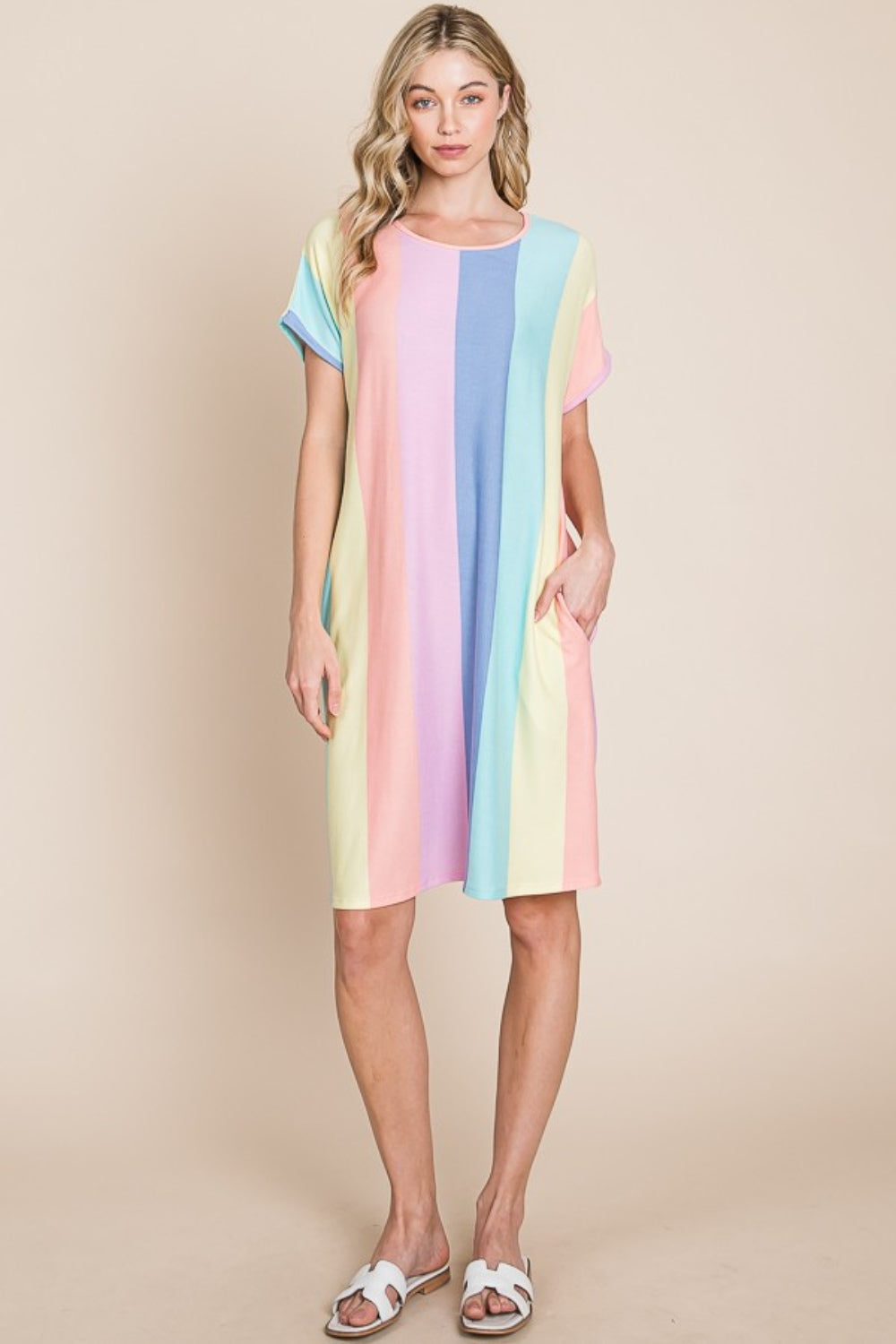 BOMBOM Striped Short Sleeve Dress with Pockets.