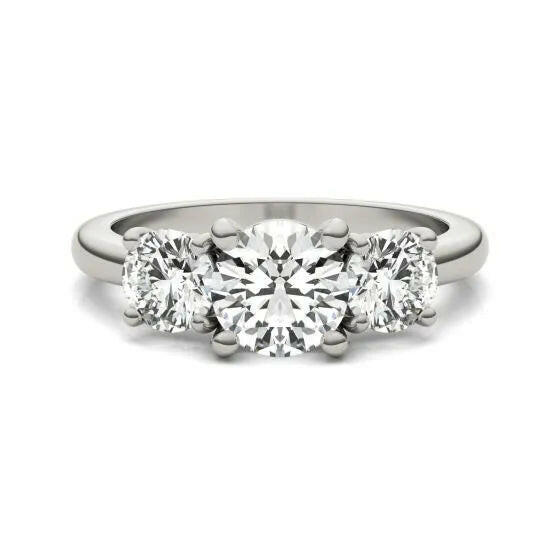 AGI Certified 2 CTW Classic Three-Stone Round Lab Grown Diamond (G-Vs) Engagement Ring in 14K White Gold.