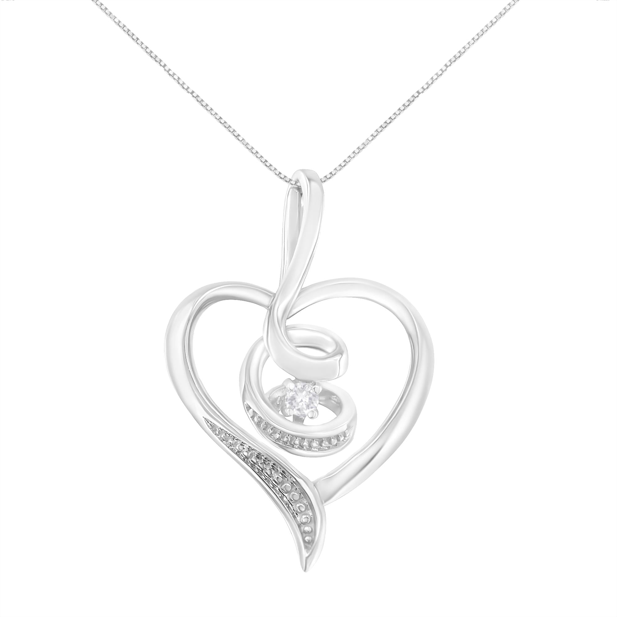 Espira 10K White Gold .03 Cttw Diamond-Accented Round-Cut Diamond Swirl Open Heart 18" Pendant Necklace (I-J Color, I2-I