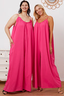 Double Take Full Size Ruffle Trim Tie Back Cami Jumpsuit with Pockets.