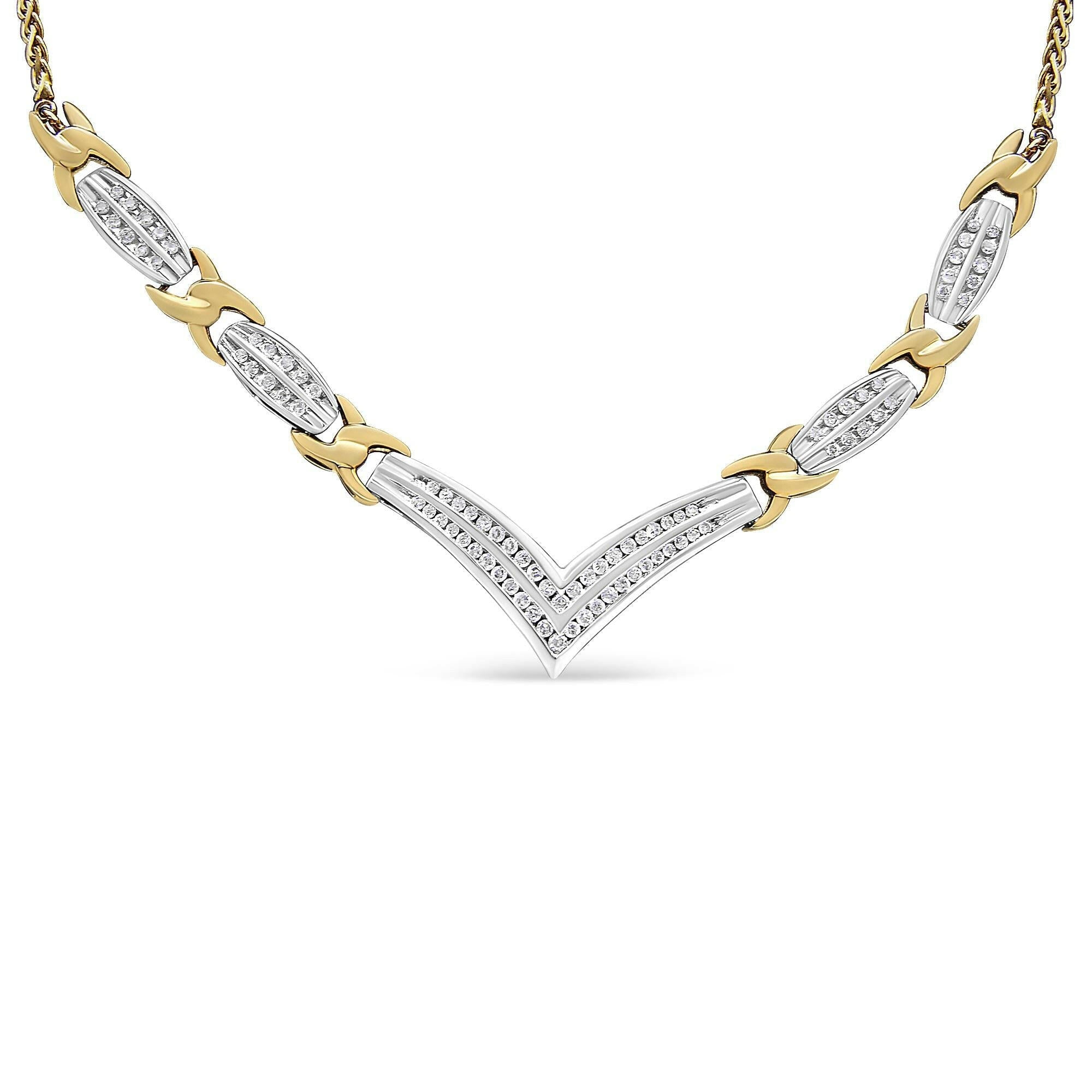 10K Yellow and White Gold 1.0 Cttw Round and Princess Cut Diamond "V" Shape Statement Necklace (I-J Color, I1-I2 Clarity