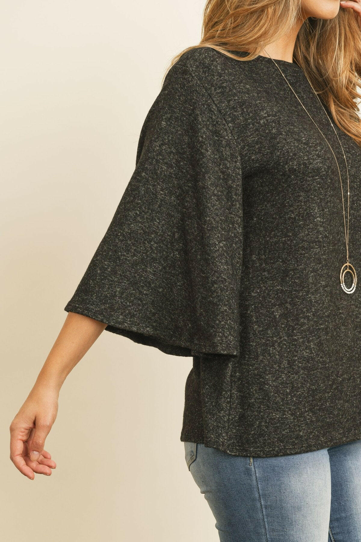 Boat Neck Bell Sleeve Solid Hacci Brushed Top.