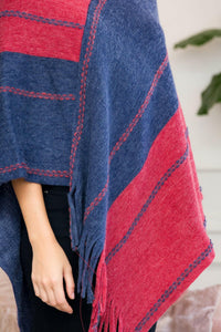 Hdf3007rdbl - Red Blue Two Tone Chain Print Fringe Poncho.