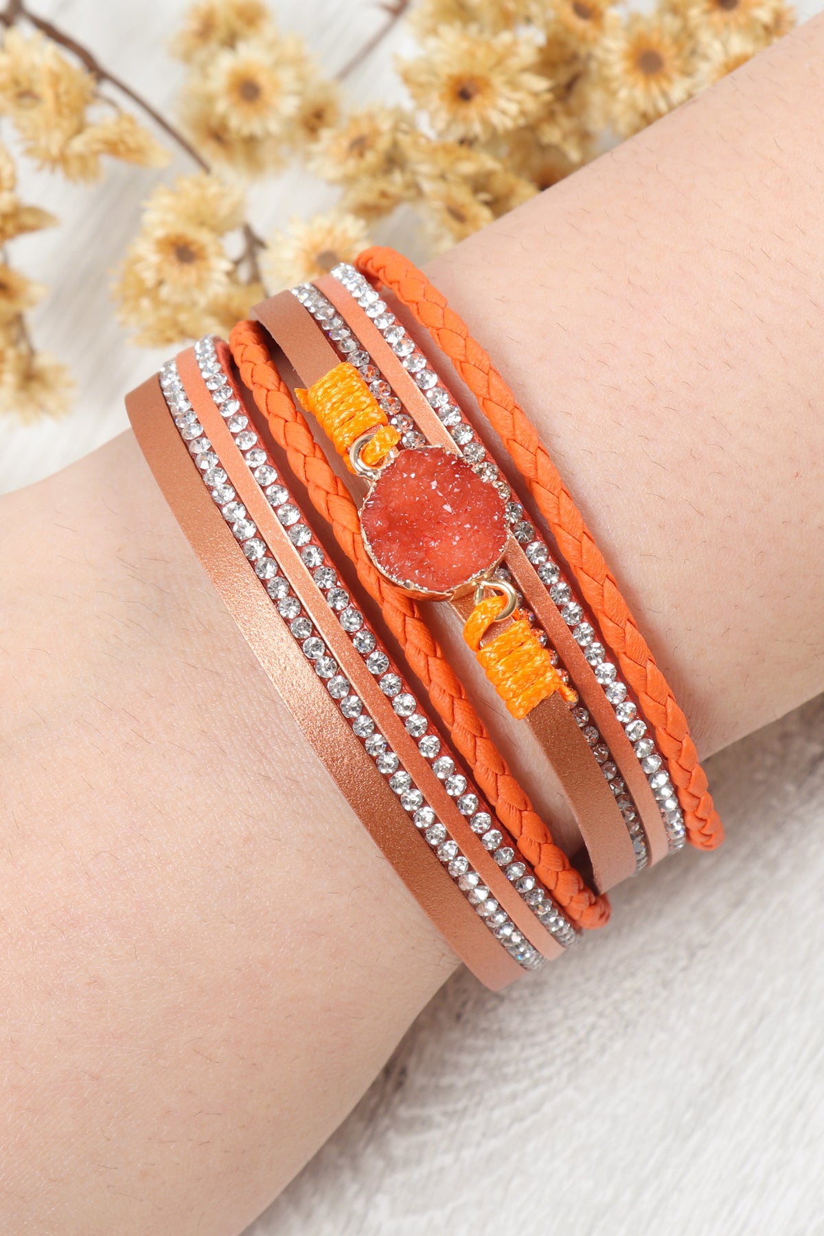 Rhinestone Encrusted Druzy Wrap Bracelet.