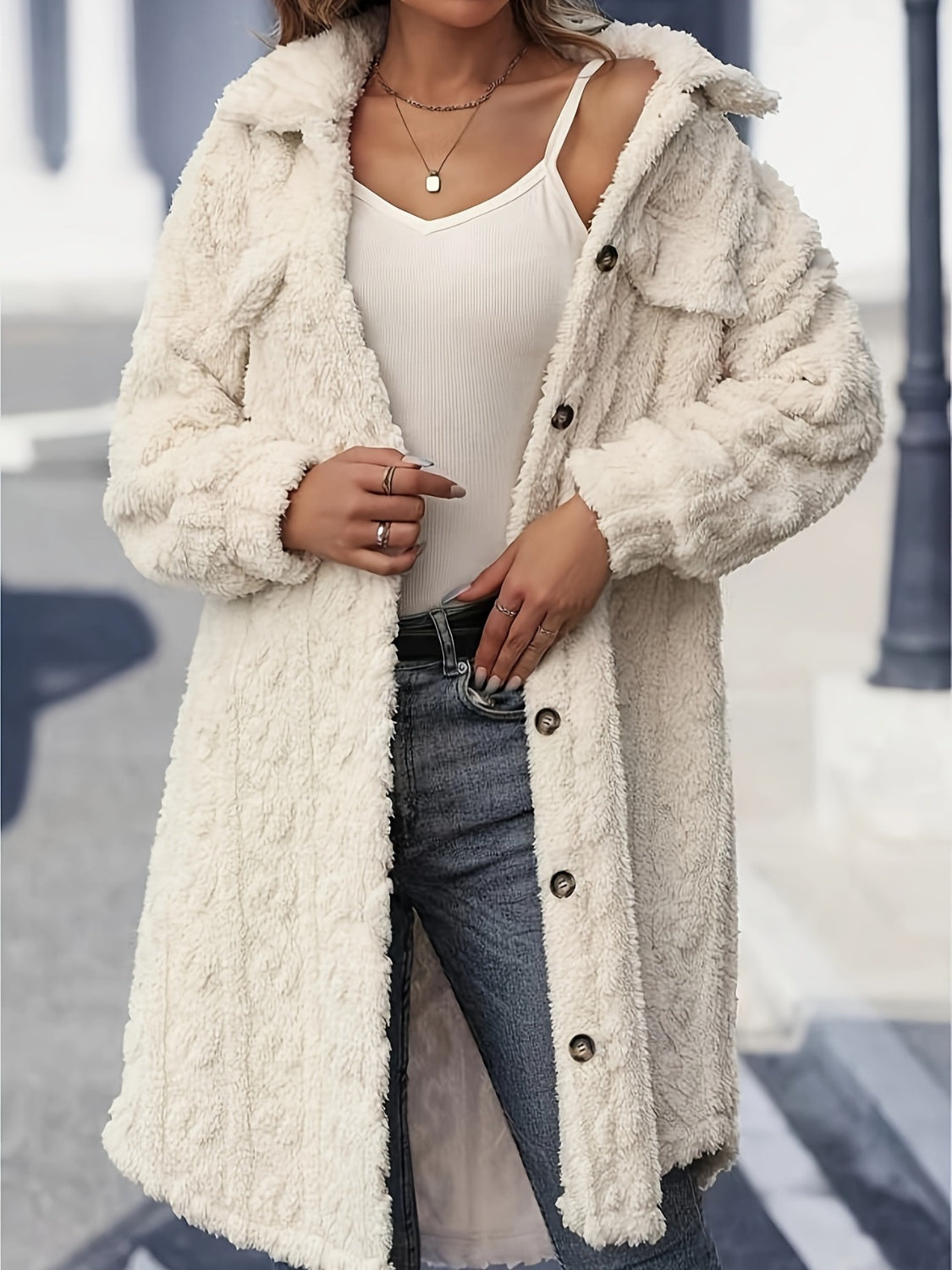 Fuzzy Button Up Long Sleeve Longline Coat.