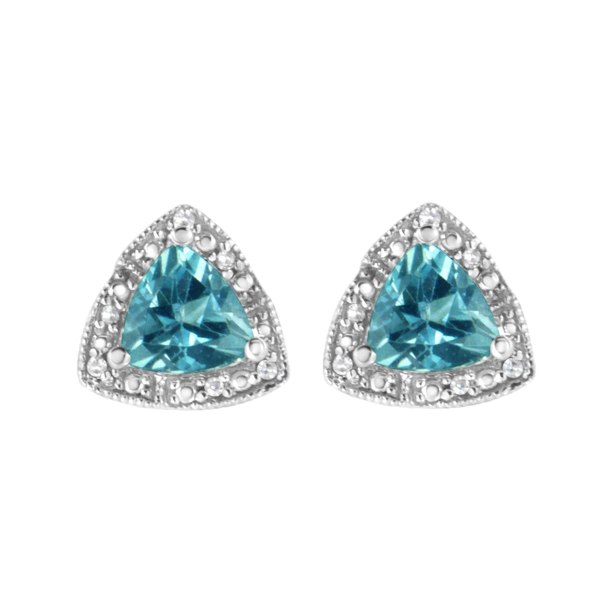 .925 Sterling Silver 6x6 Mm Trillion Cut Blue Topaz Gemstone and Diamond Accent Stud Earring (I-J Color, I1-I2 Clarity)