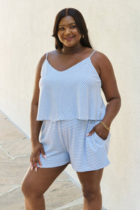 Culture Code Let It Happen Full Size Double Flare Striped Romper in Cobalt Blue.