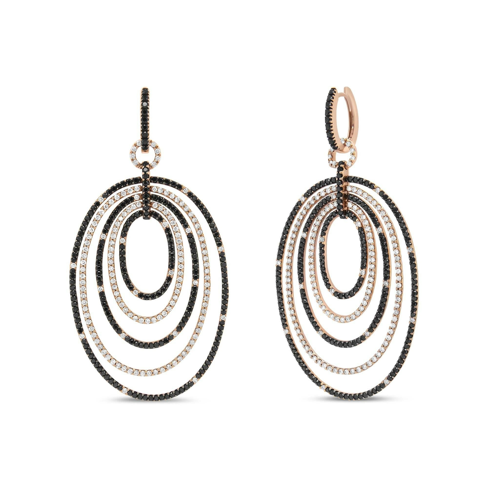 18K Rose Gold 5.00 Cttw Round Black and White Diamond Graduated Hoop Dangle Earrings (Black and F-G Color, VS1-VS2 Clari