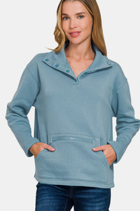 Zenana Turtleneck Half Snap Fleece Sweatshirt.