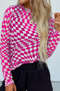 Checkered Mock Neck Long Sleeve Blouse.