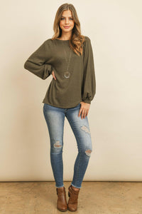 Puff Sleeved Boat Neck Two Toned Brushed Hacci Top.