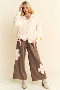 Davi & Dani Flower Patch Elastic Waist Wide Leg Pants.