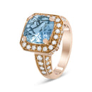 18K Rose Gold 10x10mm Cushion Shaped Aquamarine and 1 1/8 Cttw Round Diamond Halo Ring (F-G Color, VS1-VS2 Clarity).