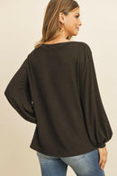 Puff Sleeved Boat Neck Two Toned Brushed Hacci Top