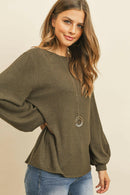 Puff Sleeved Boat Neck Two Toned Brushed Hacci Top.