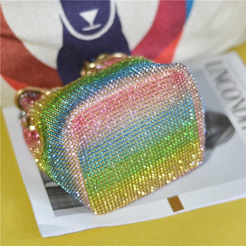 Crystal Bucket Bag for Women Multicolor Rhinestone Beaded Handbag Luxury.