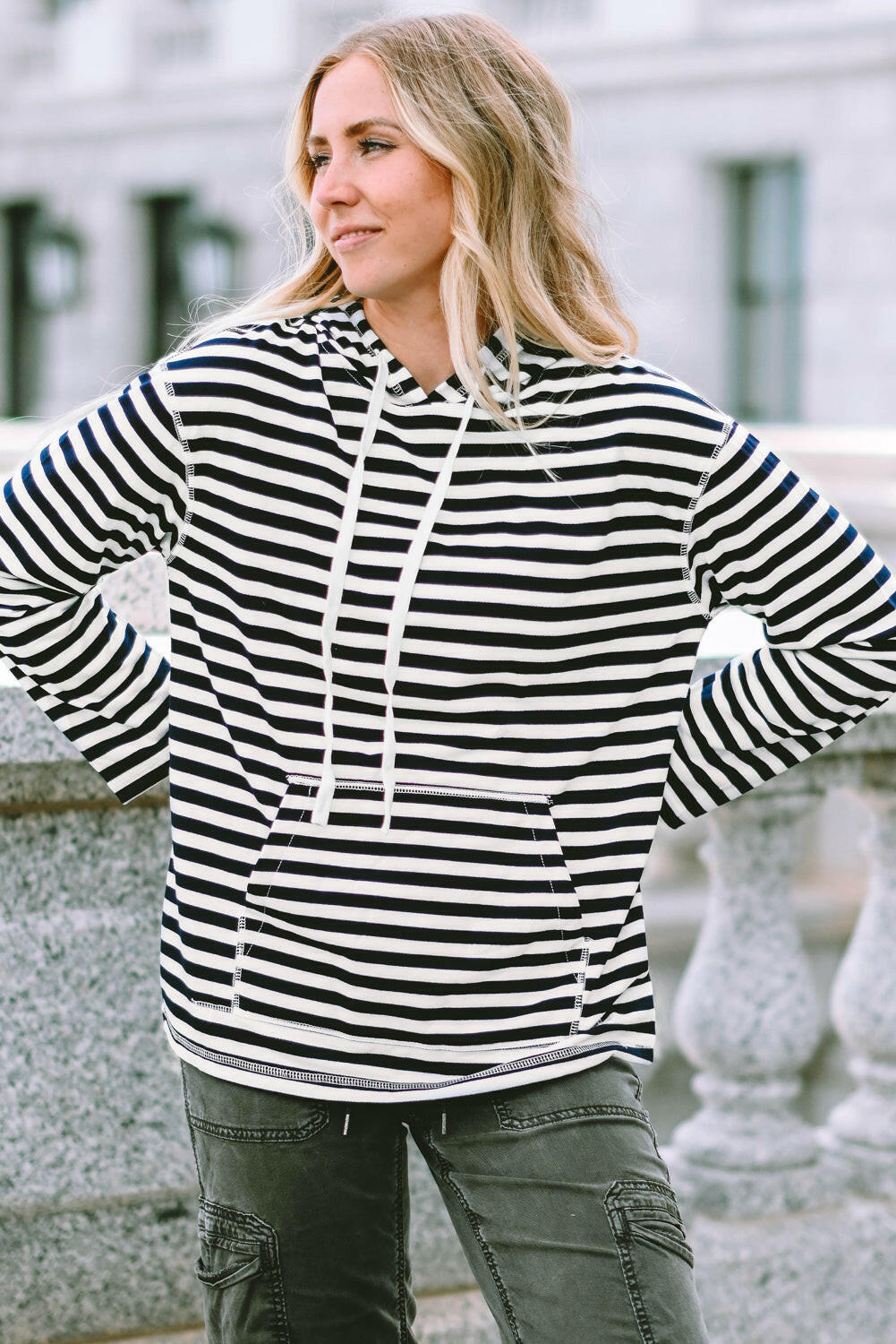 Julia Stripe Kangaroo Pocket Drawstring Hoodie.