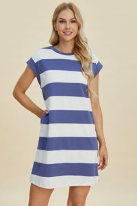 Basic Bae Full Size Striped Round Neck Cap Sleeve Mini Dress.