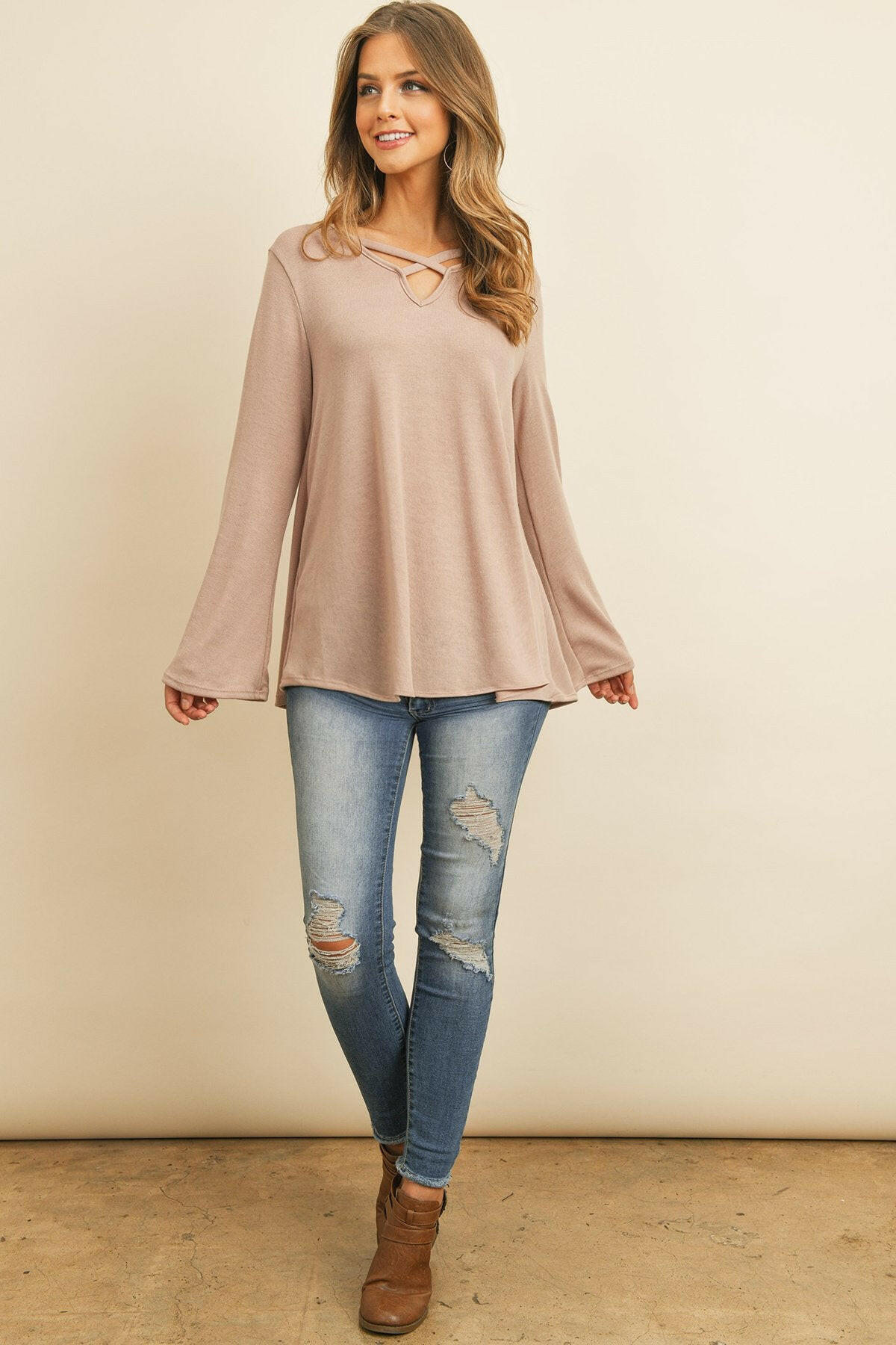 Criss Cross Neck Long Sleeve Hacci Top.